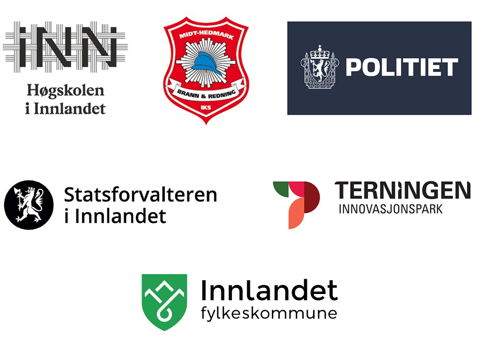 Logoer for HINN, Midt-Hedmark Brann&Redning, Politiet, Statsforvalteren i Innlandet og Terningen Innovasjonspark.