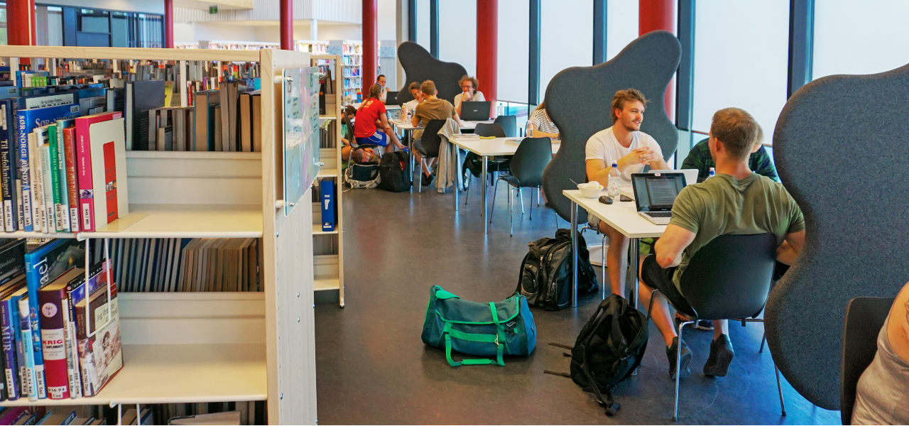 Studenter som sitter samlet og jobber sammen rundt flere bord i biblioteket