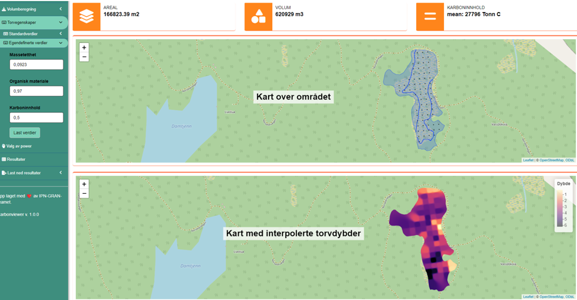 The CarbonViewer application is shown. There are two maps, one of the area and one with interpolated peat depths. Calculated area, volume and carbon content are shown above the maps.