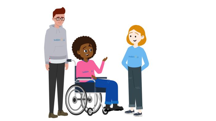 Drawing of a boy, a girl standing and av girl in a wheelchair