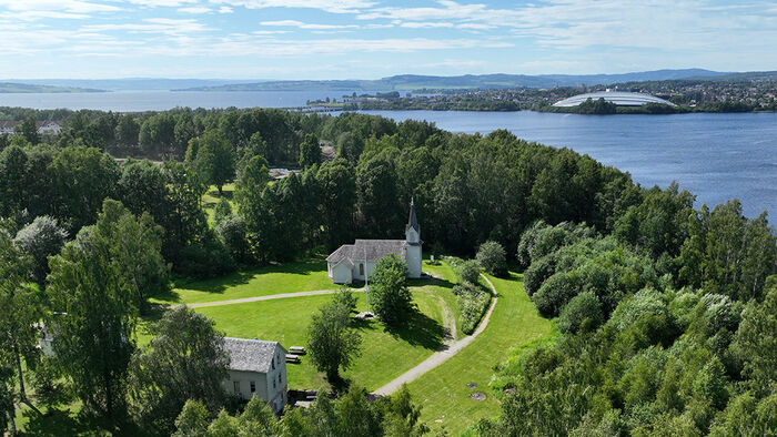 Aerial views from the Norwegian Emigrant Museum at Ottestad towards Hamar and INN University.