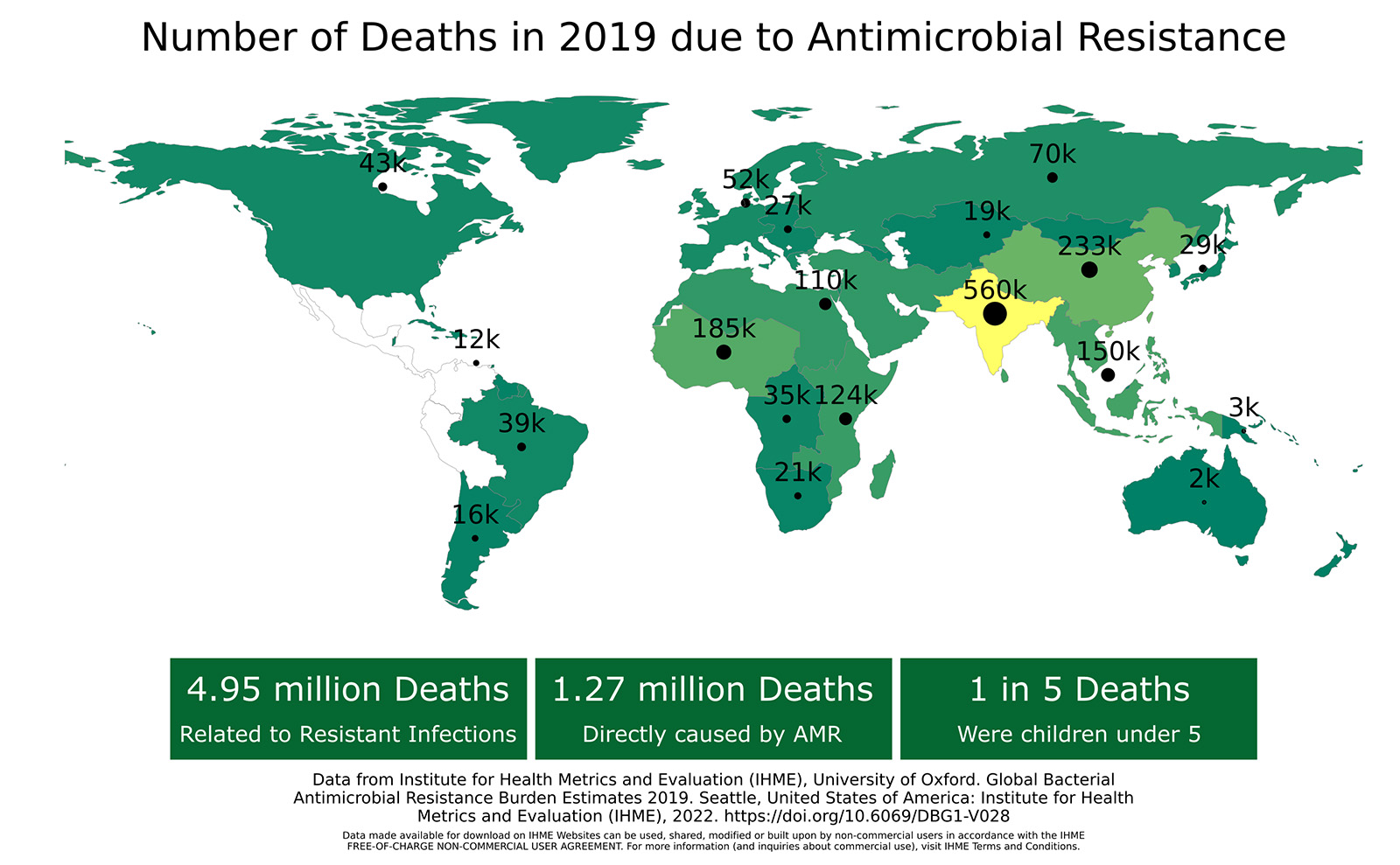 Global map of  number of deaths due to AMR resistance