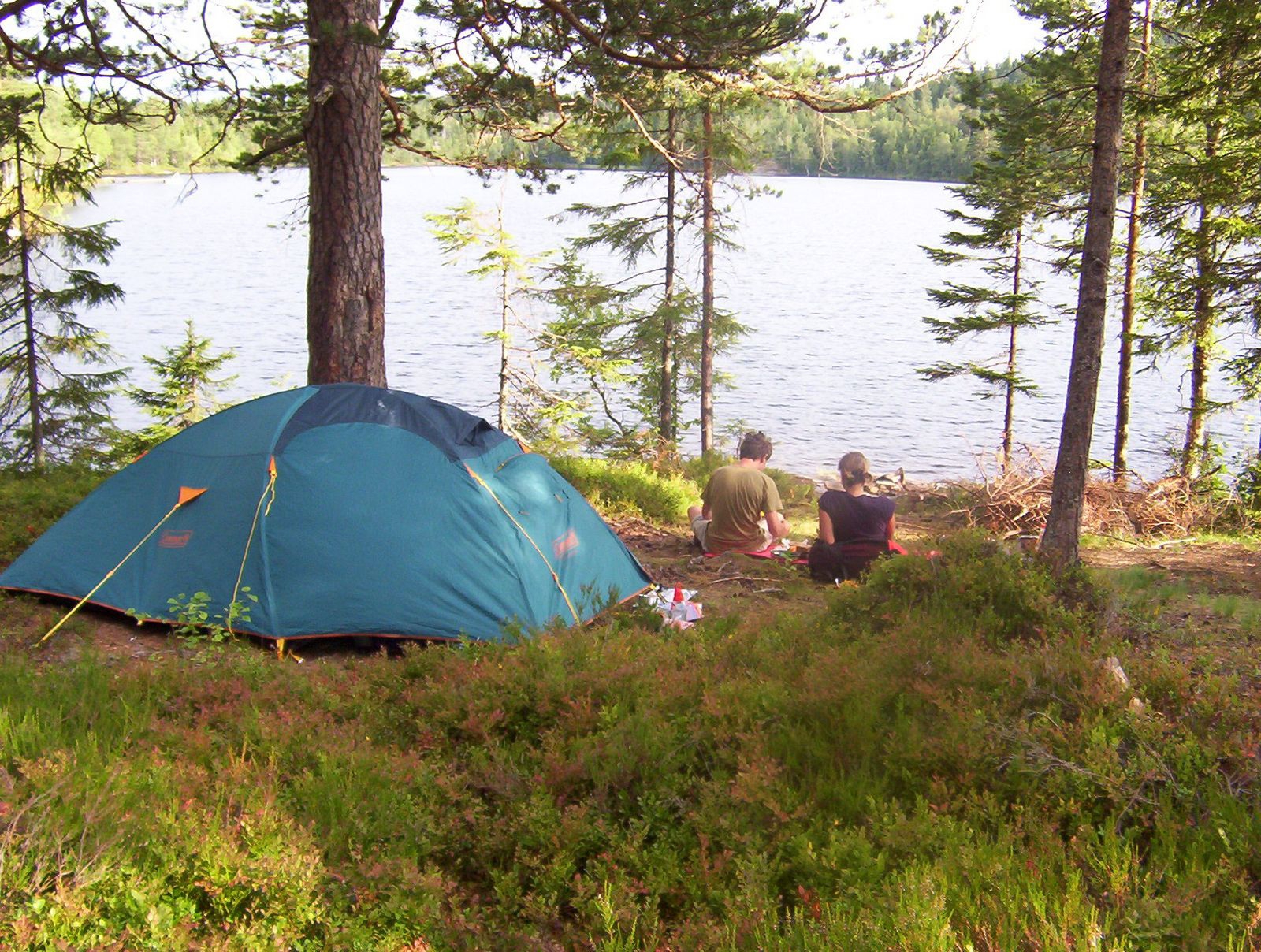 Tent pitched in a forrest at a lake with two persons in front of it having a picknick