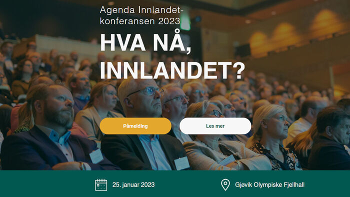 Bilde av nettsiden til Agenda Innlandet som viser mennesker i en sal med teksten "Hva nå Innlandet"? over og knapper for informasjon om påmelding og lignende