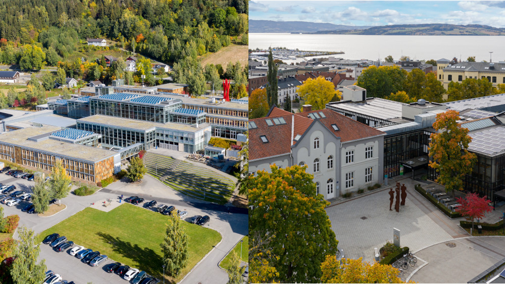 Dronebilde som viser høgskolebygg på Lillehammer og Hamar fra oven