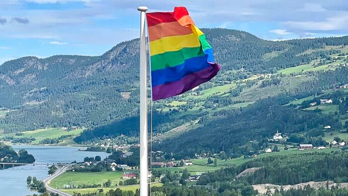 A rainbow flag i waving in the wind on a pole in front of mountainous scenery. 