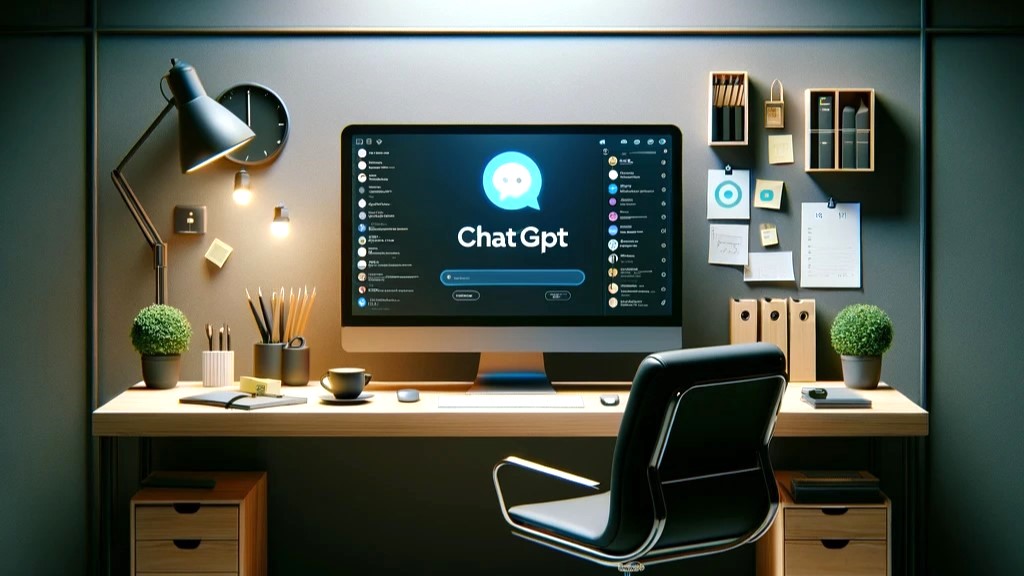 En ki-generert illustrasjon av en stor pc-skjerm på en kontorpult med en stol foran, lamper fra taket og pynt på veggen.