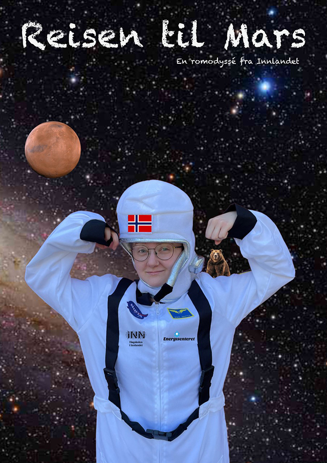 Plakat om forestillingen med teksten "Reisen til Mars" mot en svart bakgrunn og en astronaut i forgrunnen. 