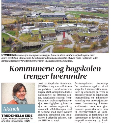 Faksimile aviskronikk Kommunene og høgskolen trenger hverandre og bilde av høgskolens bygg og av kronikkforfatteren