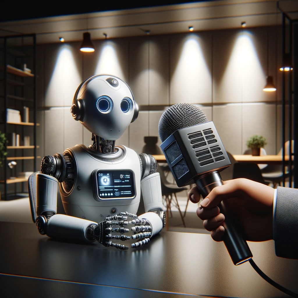 Nærbilde av en robot som er grå. Forrerst i bildet er det en mikrofon som indikerer at det er en annen person i rommet. 
