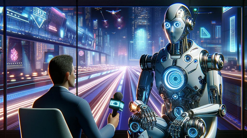 Viser en robot som blir intervjuet av en mann som sitter i en stol. Bildet er i et futuristisk miljø i rosa og blåtoner.