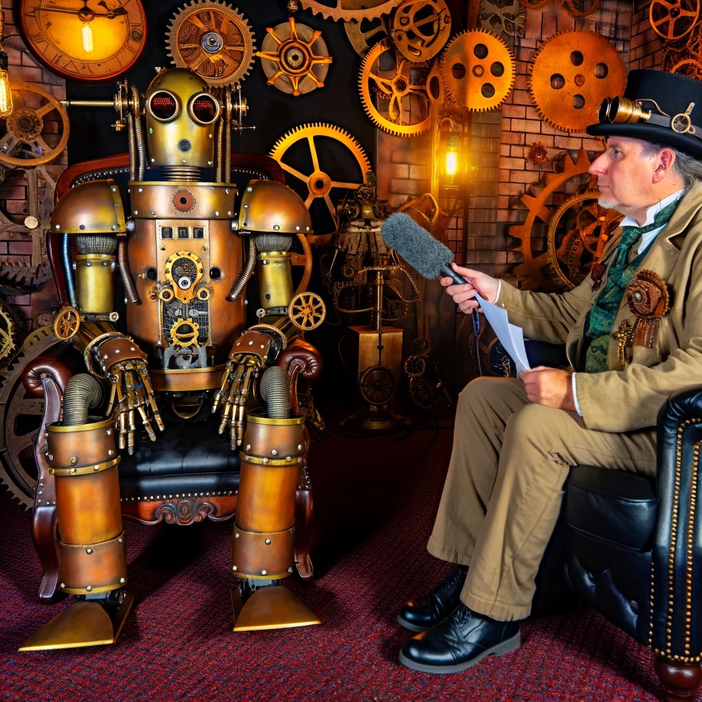 Bilde i oransje og rødtoner viser en mann som intervjuer en robot. Roboten er av eldre dato, mannen sitter i en stol og har dress og hatt.