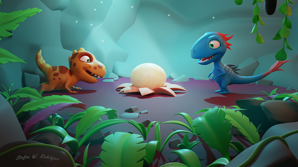 Two dinosaur figures in a jungle-like environment. The picture is collected from a game made at the Game School.