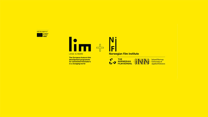 Yellow course-banner with logos LIM Less is More, NFI, The Norwegian Film School and HINN