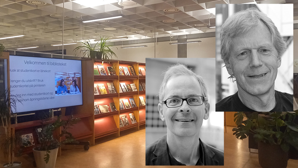 Lars Fuglsang og Rolf Rønning blir å treffe til bokprat i høgskolebiblioteket på studiested Lillehammer. (Foto: HINN)
