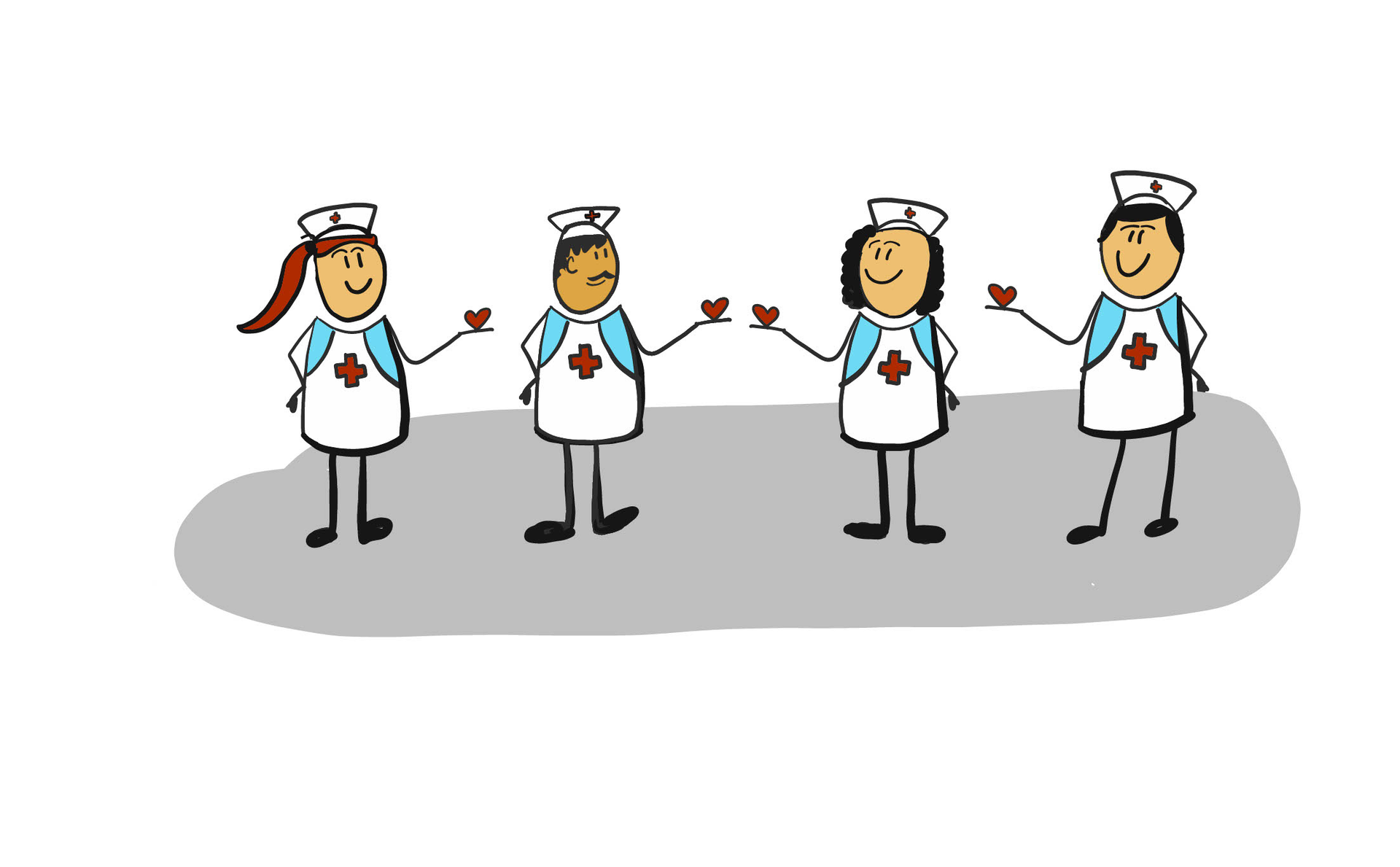 Illustrasjonsbilde som viser en koselig tegning av fire sykepleiere som ser på hverandre og holder et hjerte i hånden.
