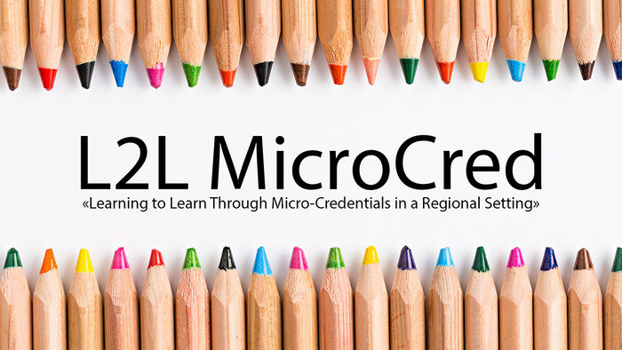 Illustration photo of pencils in different colours and the L2L MicroCred logo in the middle
