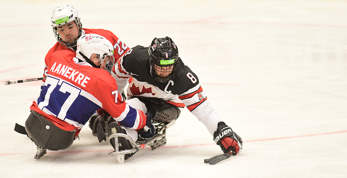 Torstein i duell med en canadisk kjelkehockeyspiller. 